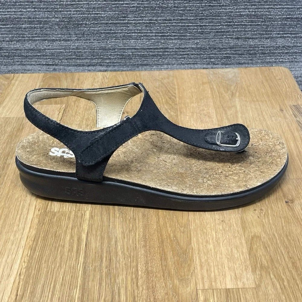 SAS Marina Sandals Womens 9.5 W Black Leather T-Strap Wide Cork Bed Thong Shoes‎